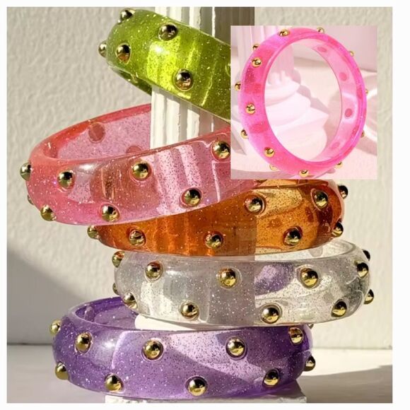 New FREE PEOPLE Pink Studded Resin Bangle Bracelet In Pink - Picture 1 of 8